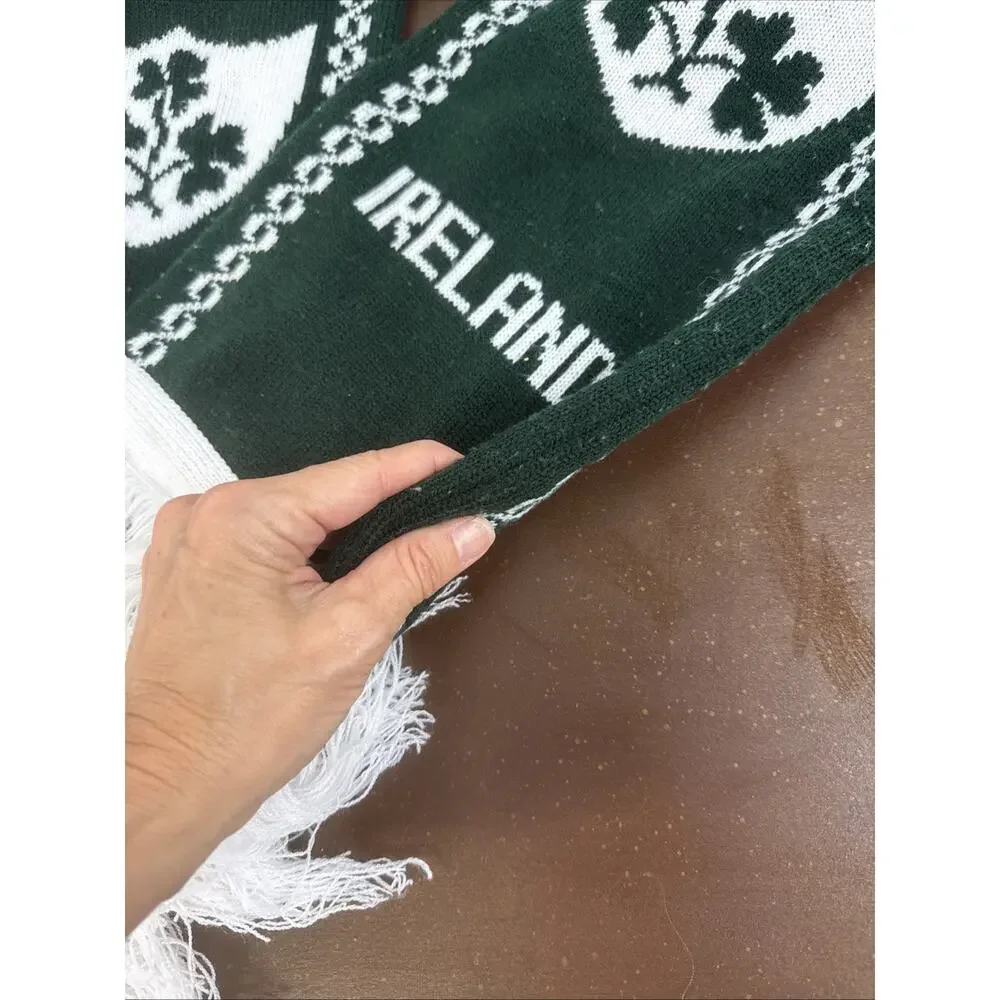 Ireland Shamrock Celtic Knit Scarf Green White Heavy Winter Fringe Souvenir